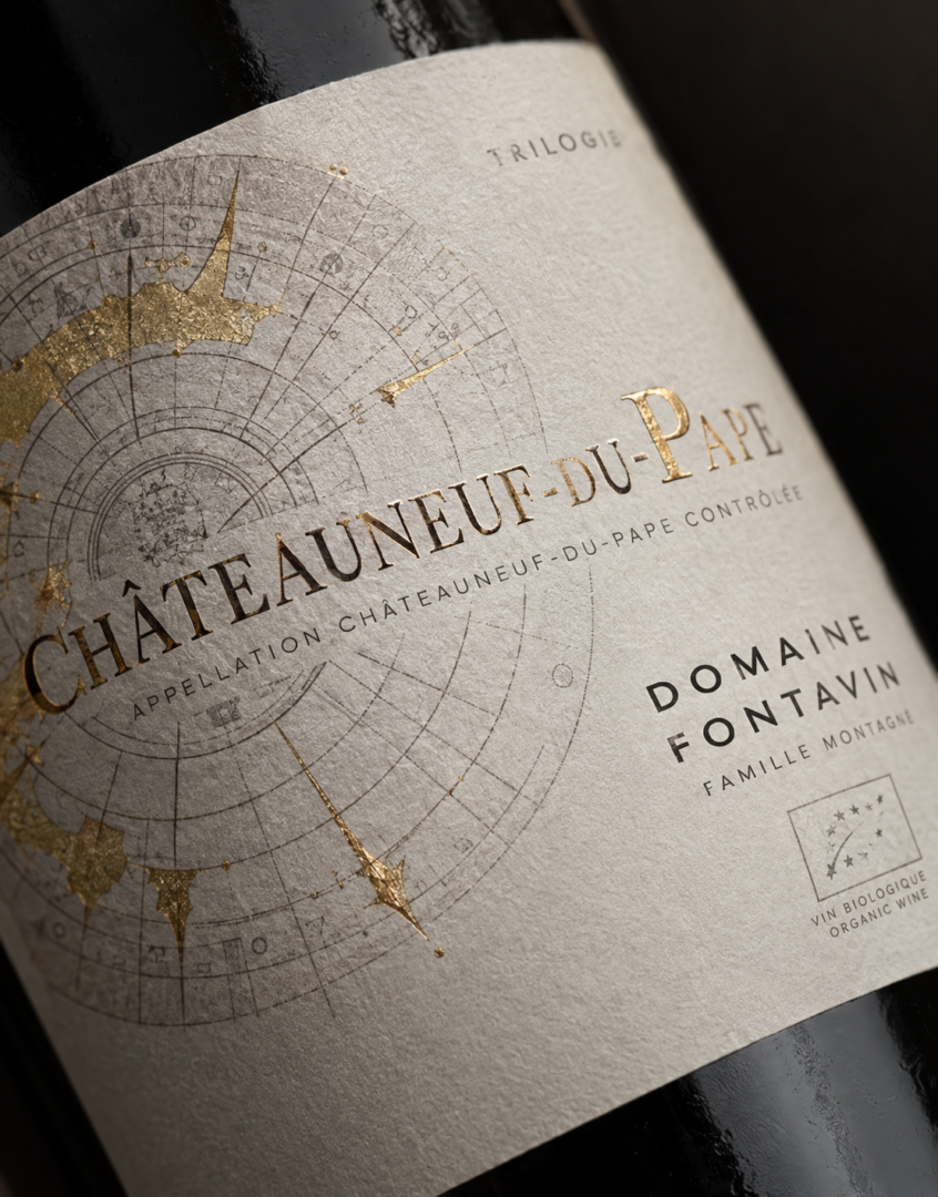 Étiquette beige texturée avec sérigraphie dorée et noire montrant le nom Châteauneuf-du-Pape et Domaine Fontavin, avec un dessin circulaire doré et gris